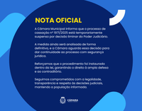 A Câmara Municipal informa que o processo de cassação nº 1971/2025 está temporariamente suspenso por decisão liminar do Poder Judiciário.