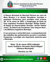 Câmara Municipal convida População Florianense a participar de inaugurações 
